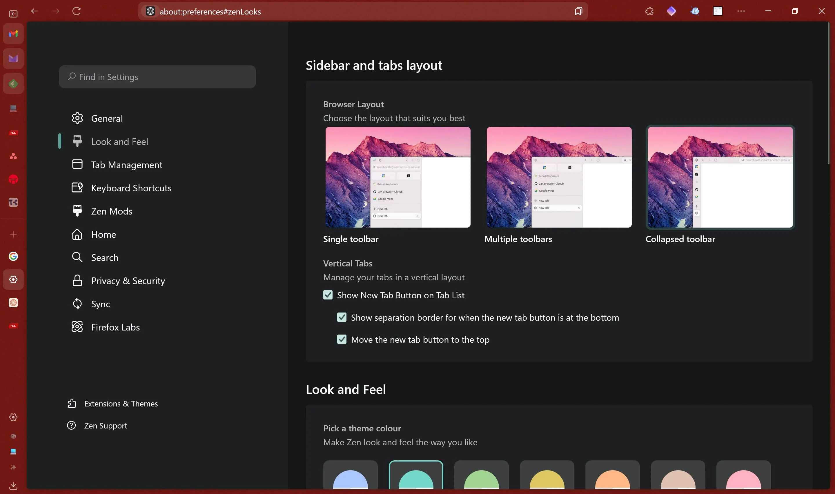 Màn hình cài đặt tùy chỉnh của Zen Browser, cho thấy các tùy chọn để cá nhân hóa giao diện người dùng