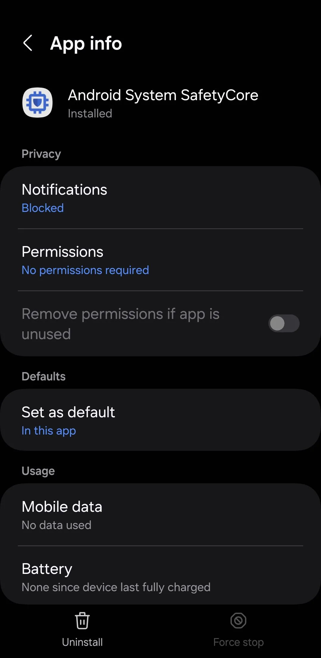 Màn hình cài đặt ứng dụng Android System SafetyCore với tùy chọn gỡ cài đặt (Uninstall)