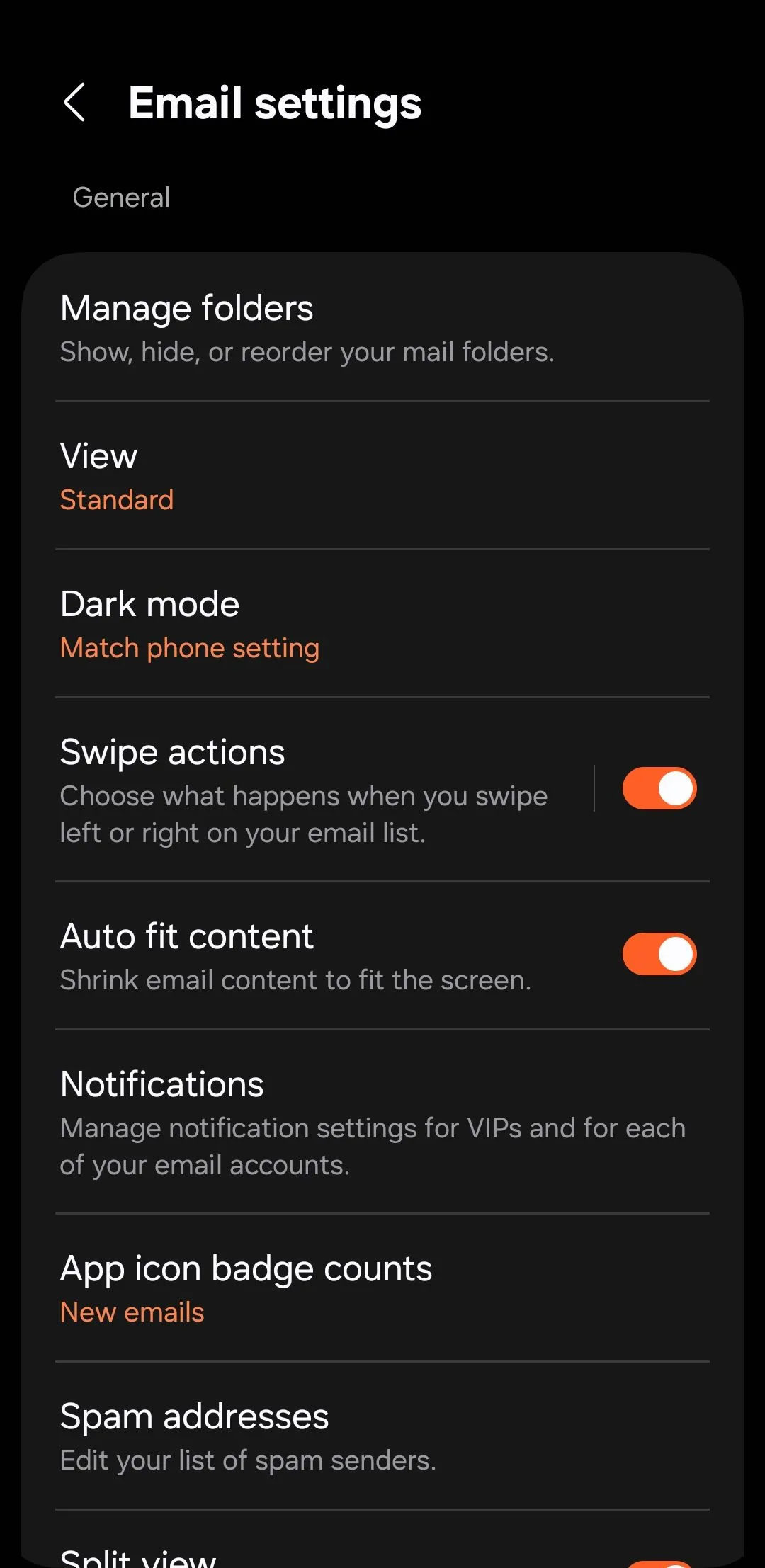 Màn hình cài đặt ứng dụng Samsung Email với các tùy chọn tùy chỉnh và bảo mật
