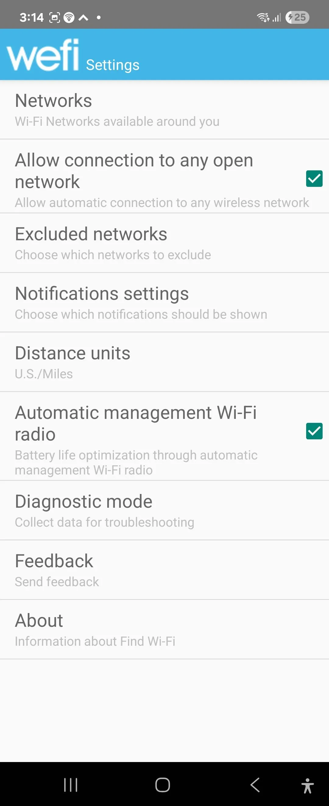 Màn hình cài đặt và tùy chọn của ứng dụng WeFi trên hệ điều hành Android