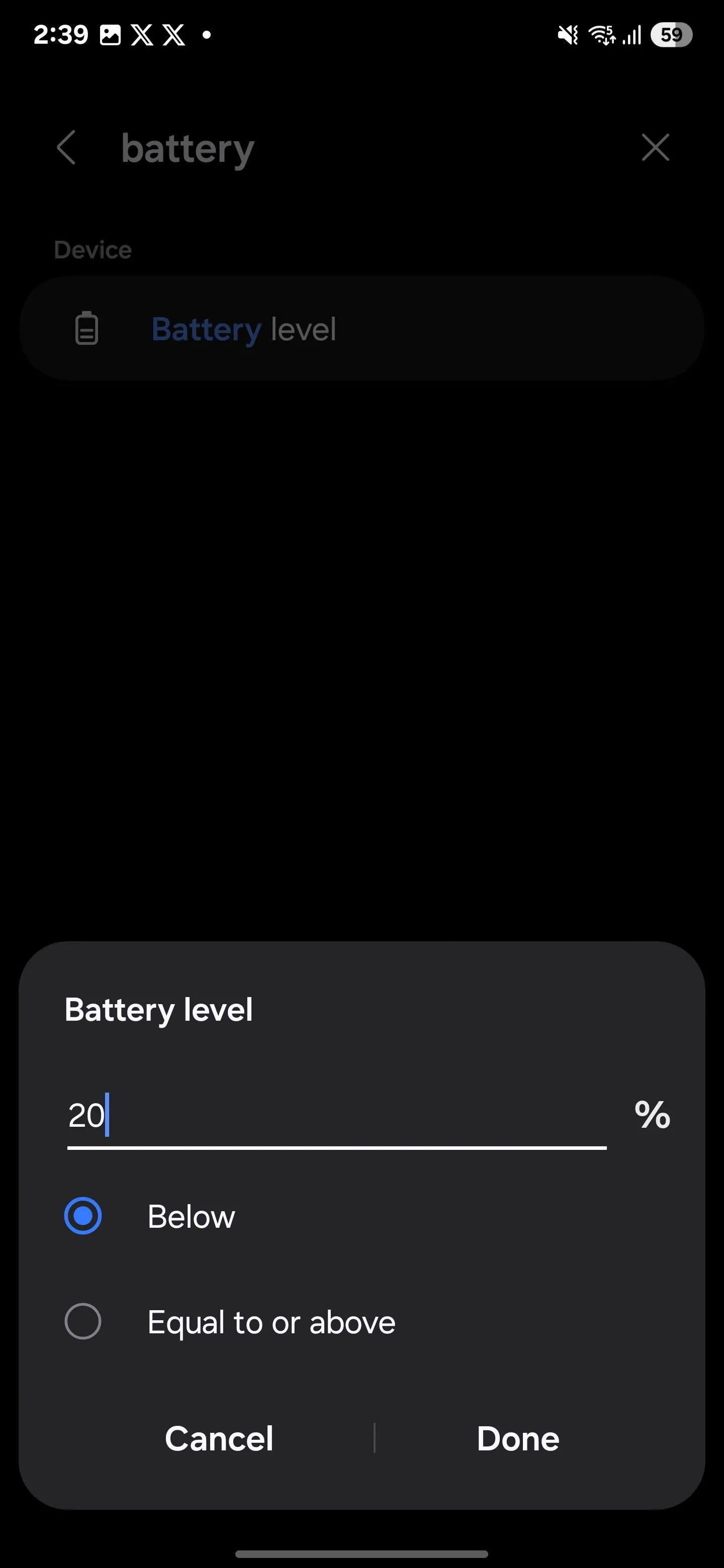 Màn hình cấu hình thông báo khi pin điện thoại Samsung xuống dưới 20% trong Modes and Routines