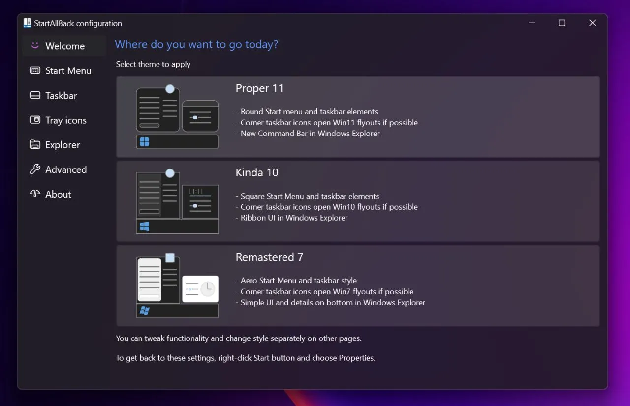 Màn hình chào mừng Startallback trên Windows 11 cho phép tùy chỉnh sâu