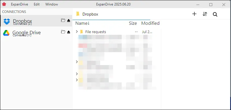 Màn hình chính ExpanDrive trên Windows 11 hiển thị các tùy chọn kết nối và duyệt file đám mây