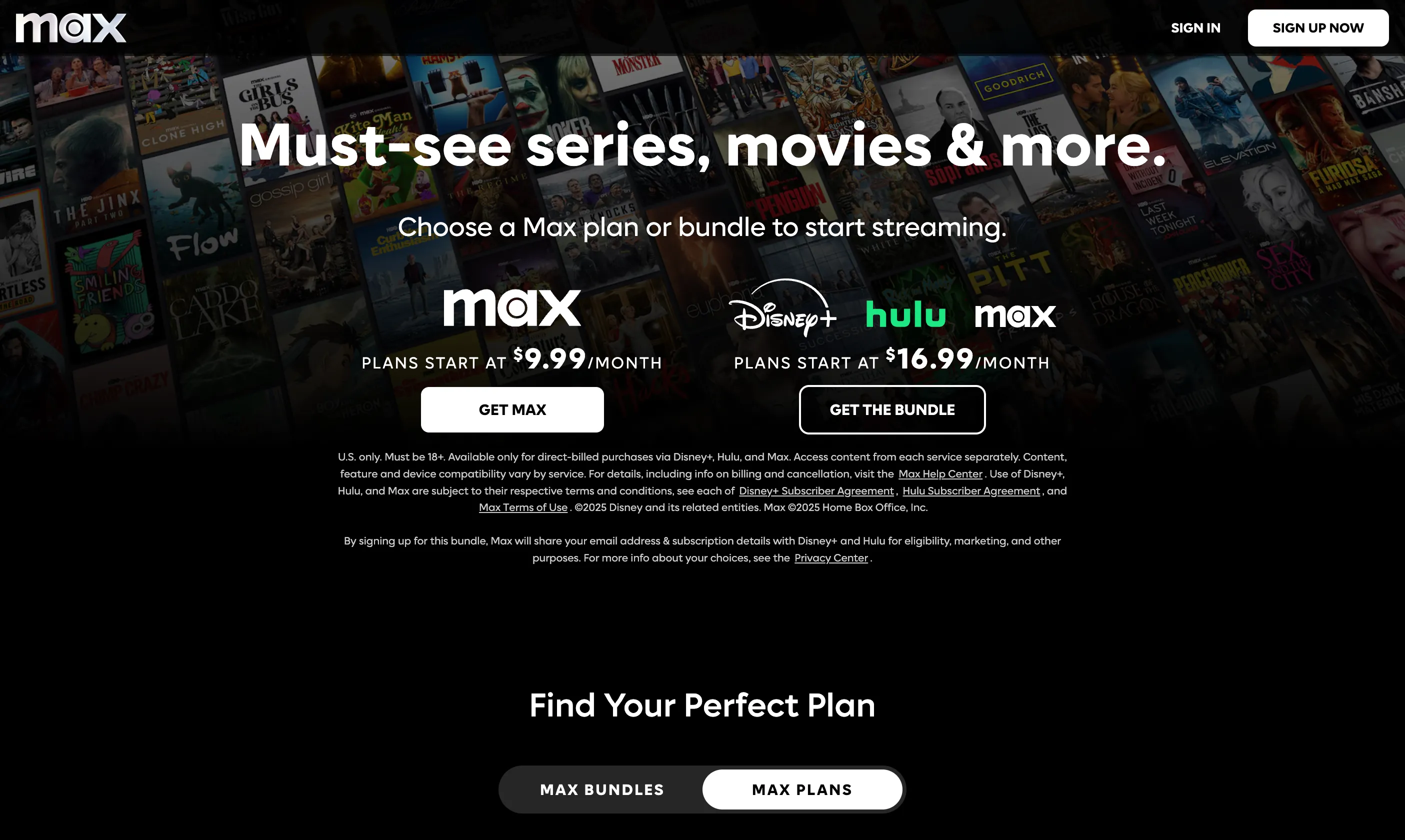 Màn hình chính HBO Max (Max) với các tùy chọn gói cước và nội dung đặc sắc