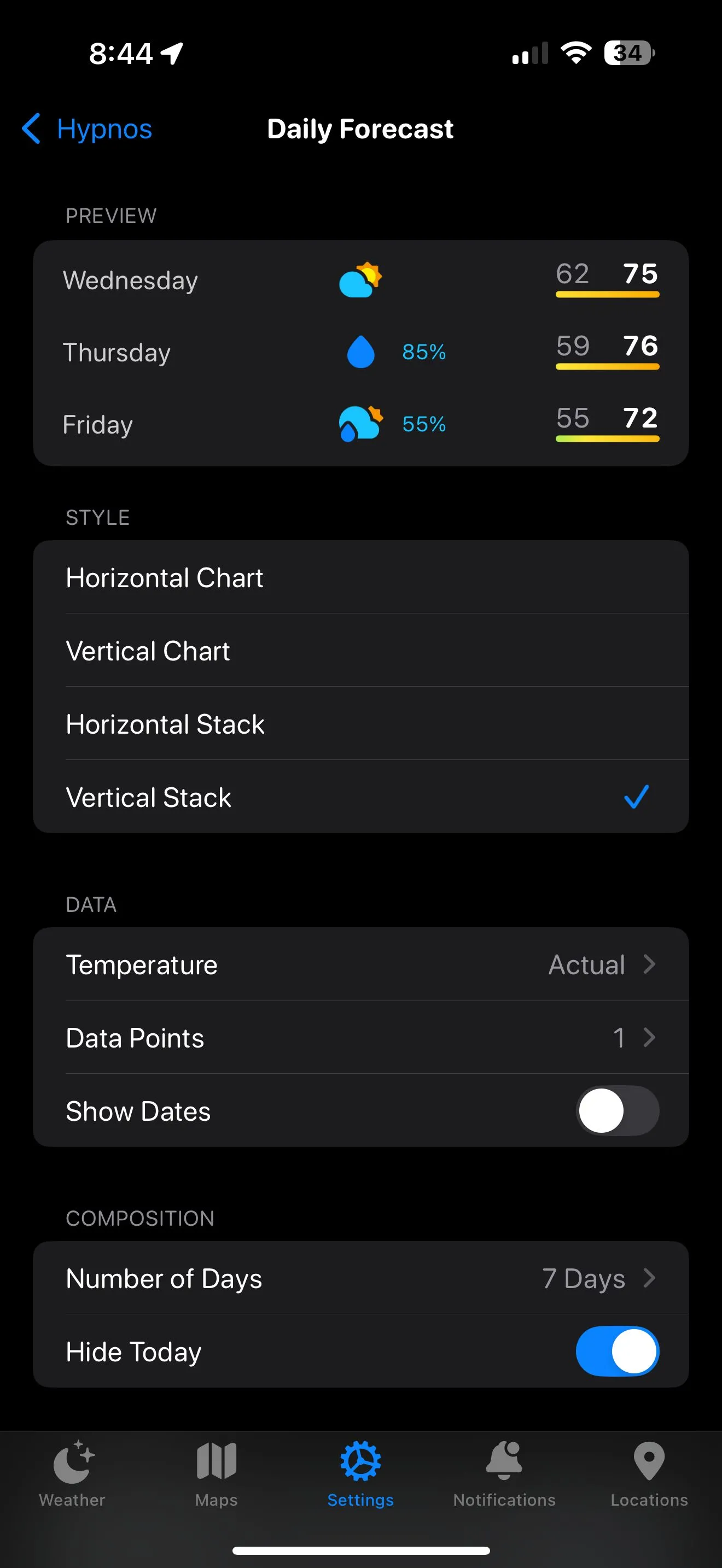 Màn hình chỉnh sửa bố cục hiển thị dữ liệu thời tiết trong Carrot Weather trên iPhone
