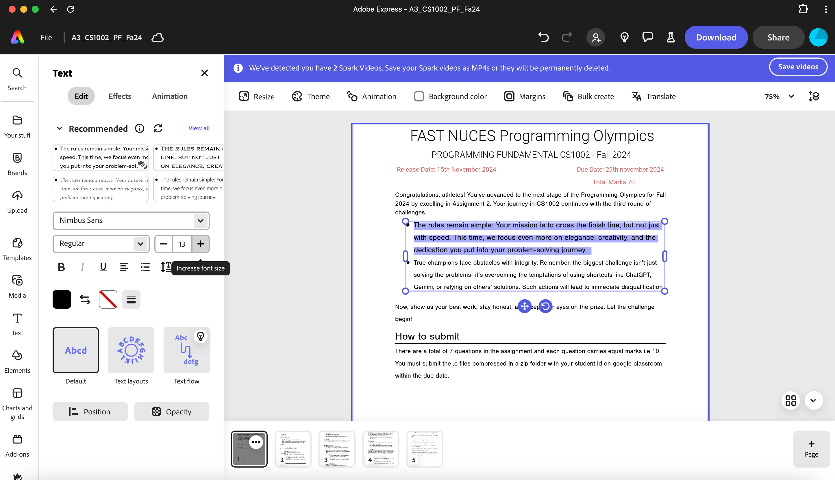 Màn hình chỉnh sửa văn bản trong tệp PDF trên Adobe Express, cho phép điều chỉnh kích thước, màu sắc và căn chỉnh chữ.
