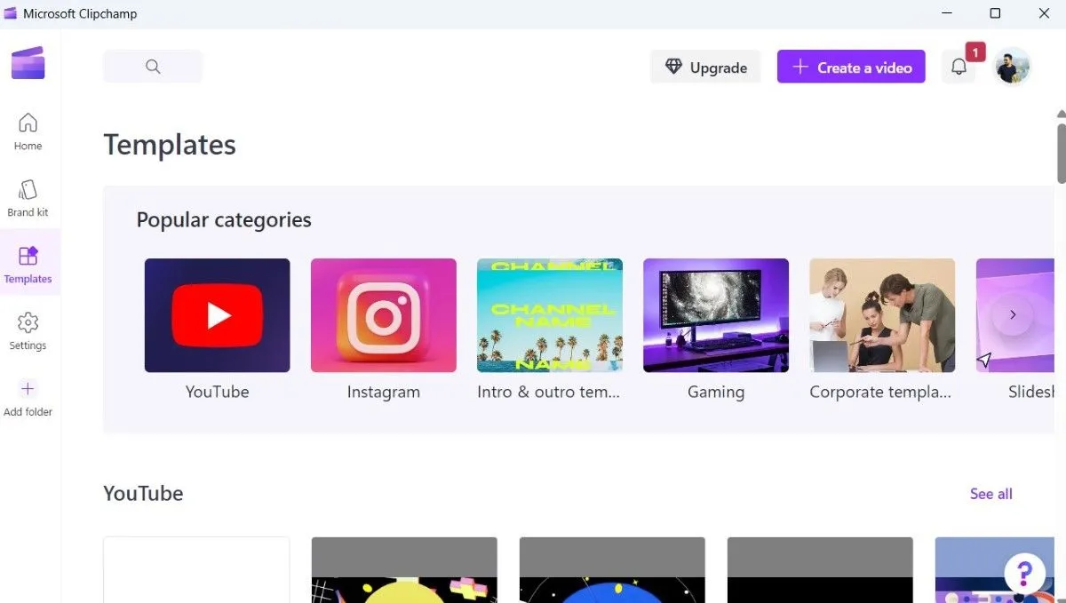 Màn hình chọn các mẫu video có sẵn trong Clipchamp theo danh mục