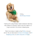 Màn hình chuyển hướng của Amazon với hình ảnh chú chó Milly vui vẻ, báo hiệu tính năng Inspire không còn khả dụng