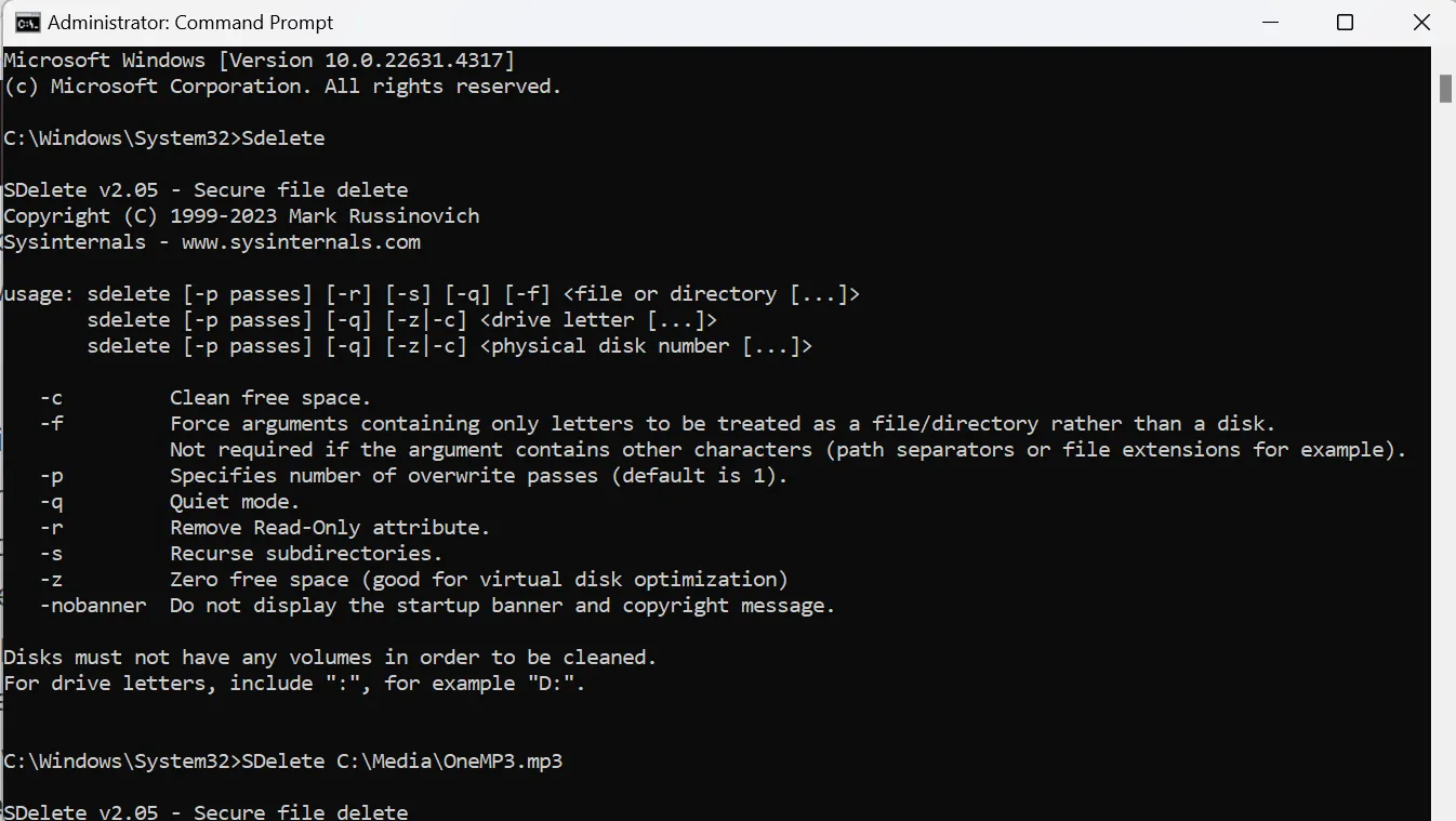 Màn hình Command Prompt hiển thị lệnh SDelete và hộp thoại cấp phép
