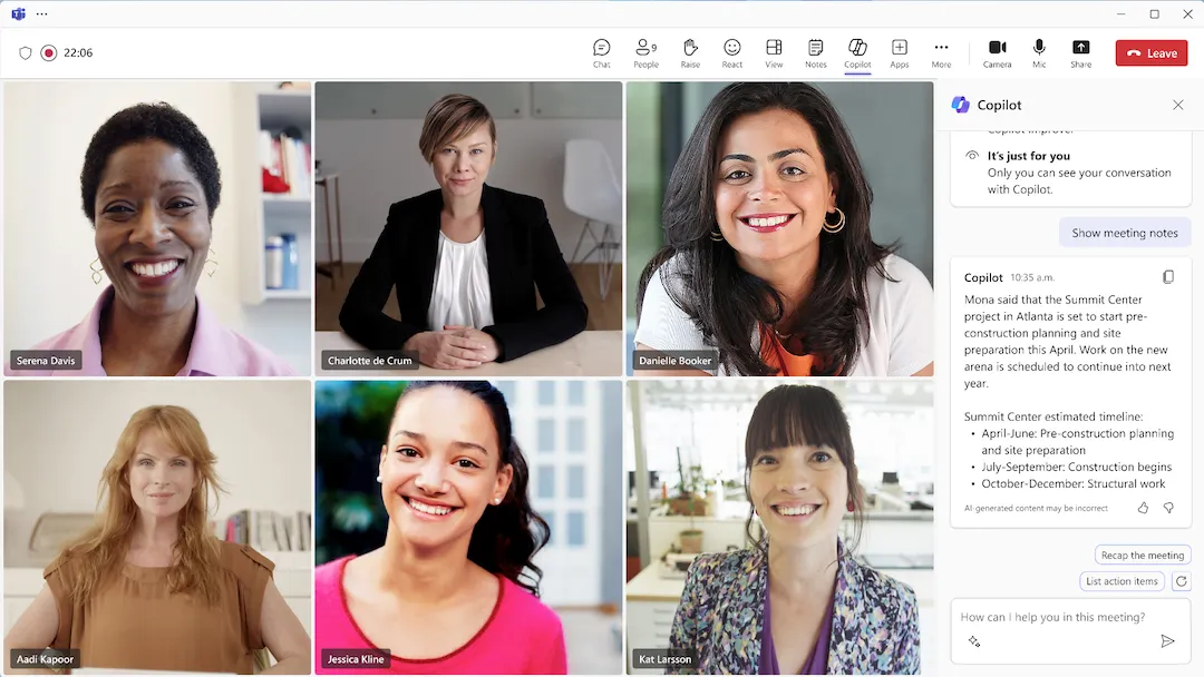 Màn hình cuộc gọi video Microsoft Teams tích hợp tính năng Copilot AI hỗ trợ cuộc họp