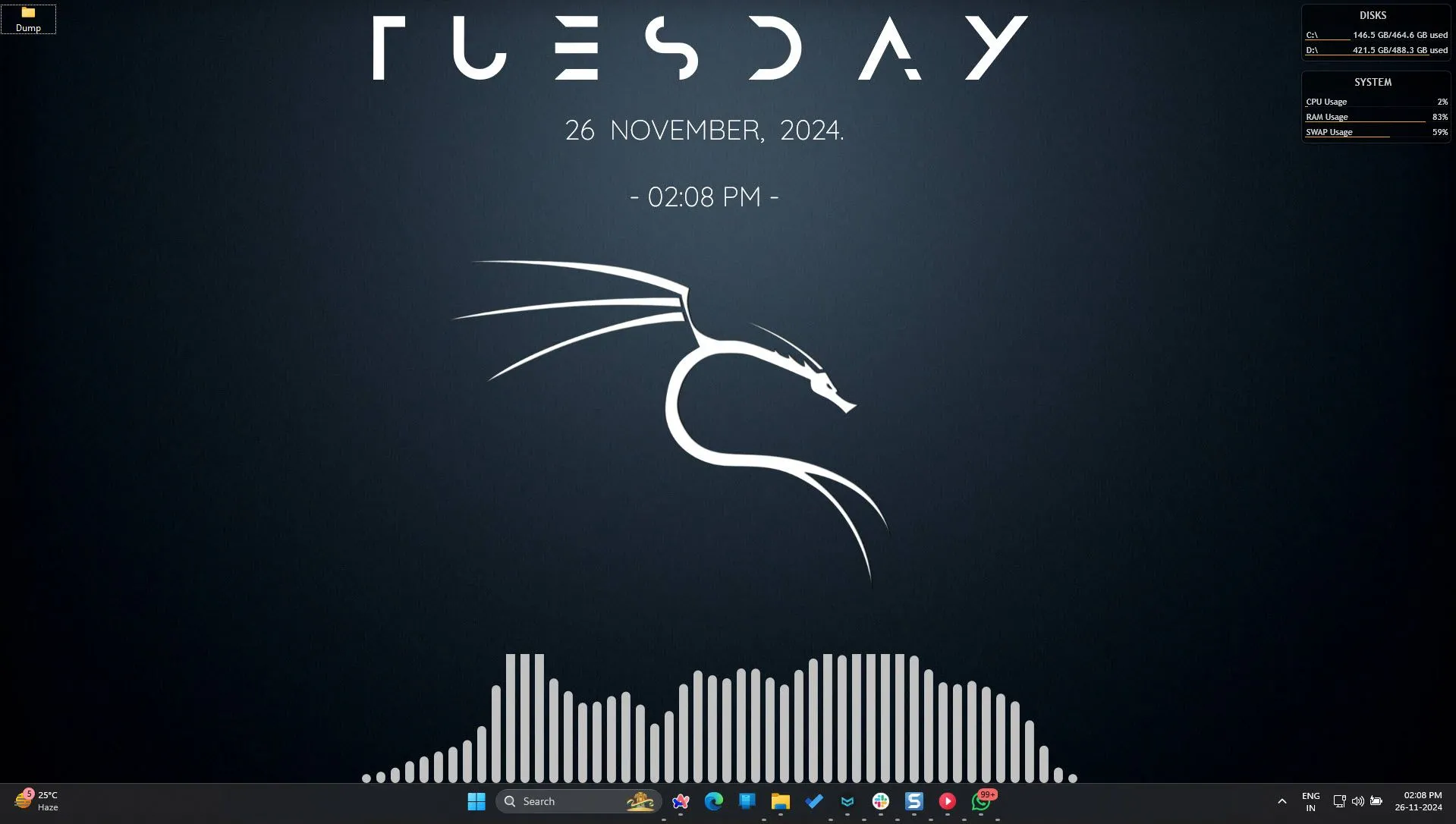 Màn hình desktop Windows 11 được tùy chỉnh với Rainmeter, hiển thị các widget và thông tin hệ thống.
