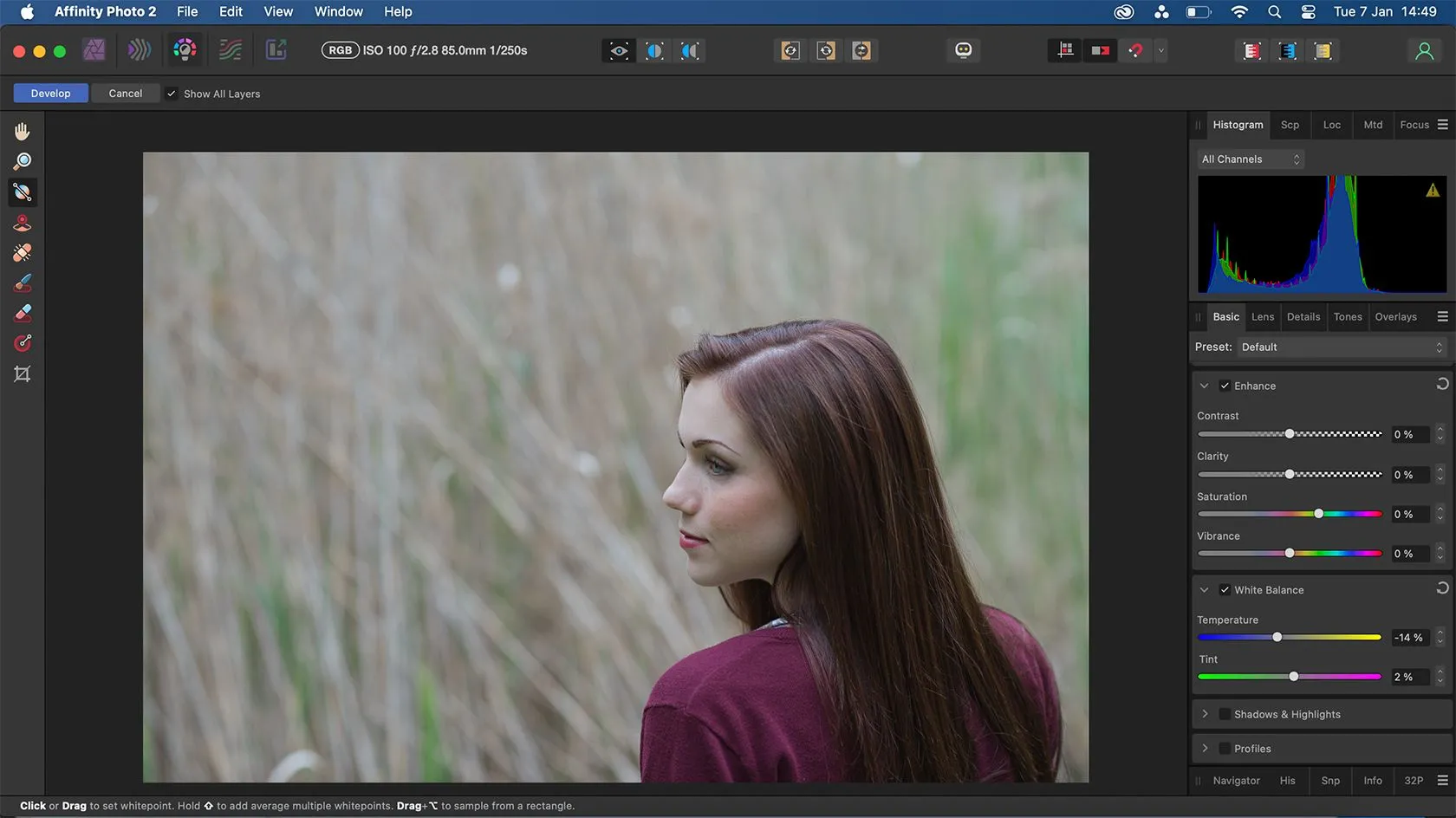 Màn hình Develop Persona của Affinity Photo dùng để chỉnh sửa ảnh RAW tự nhiên.