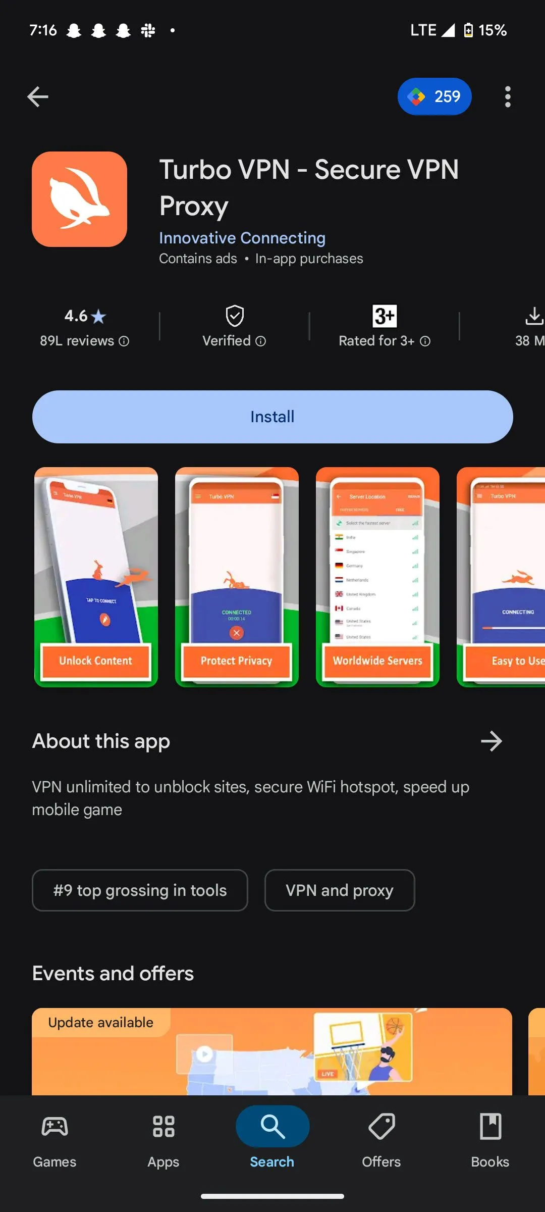 Màn hình điện thoại hiển thị ứng dụng Turbo VPN, một trong những VPN Trung Quốc bị cảnh báo về rủi ro bảo mật