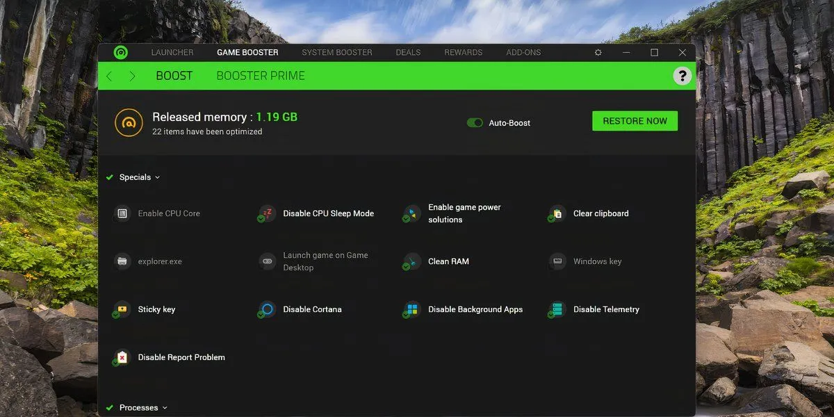 Màn hình Game Booster của ứng dụng Razer Cortex trên Windows 11, hiển thị các tùy chọn tối ưu hiệu suất game.