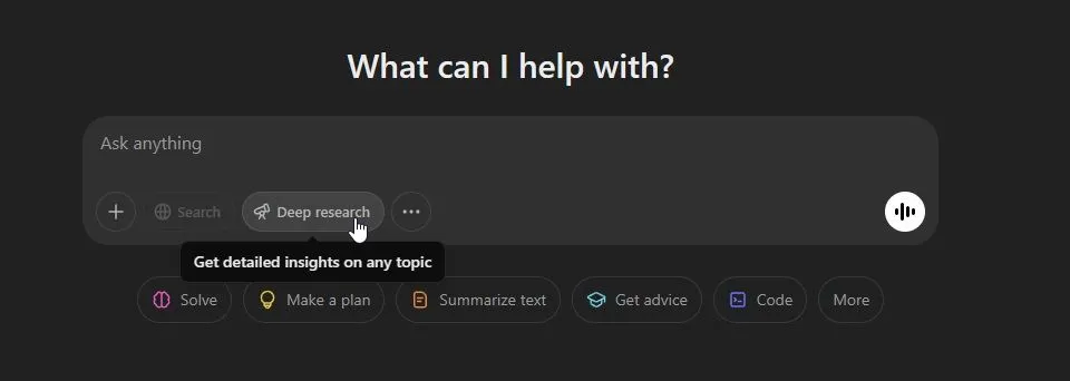 Màn hình giao diện ChatGPT hiển thị tùy chọn mô hình Deep Research trong danh sách các công cụ AI