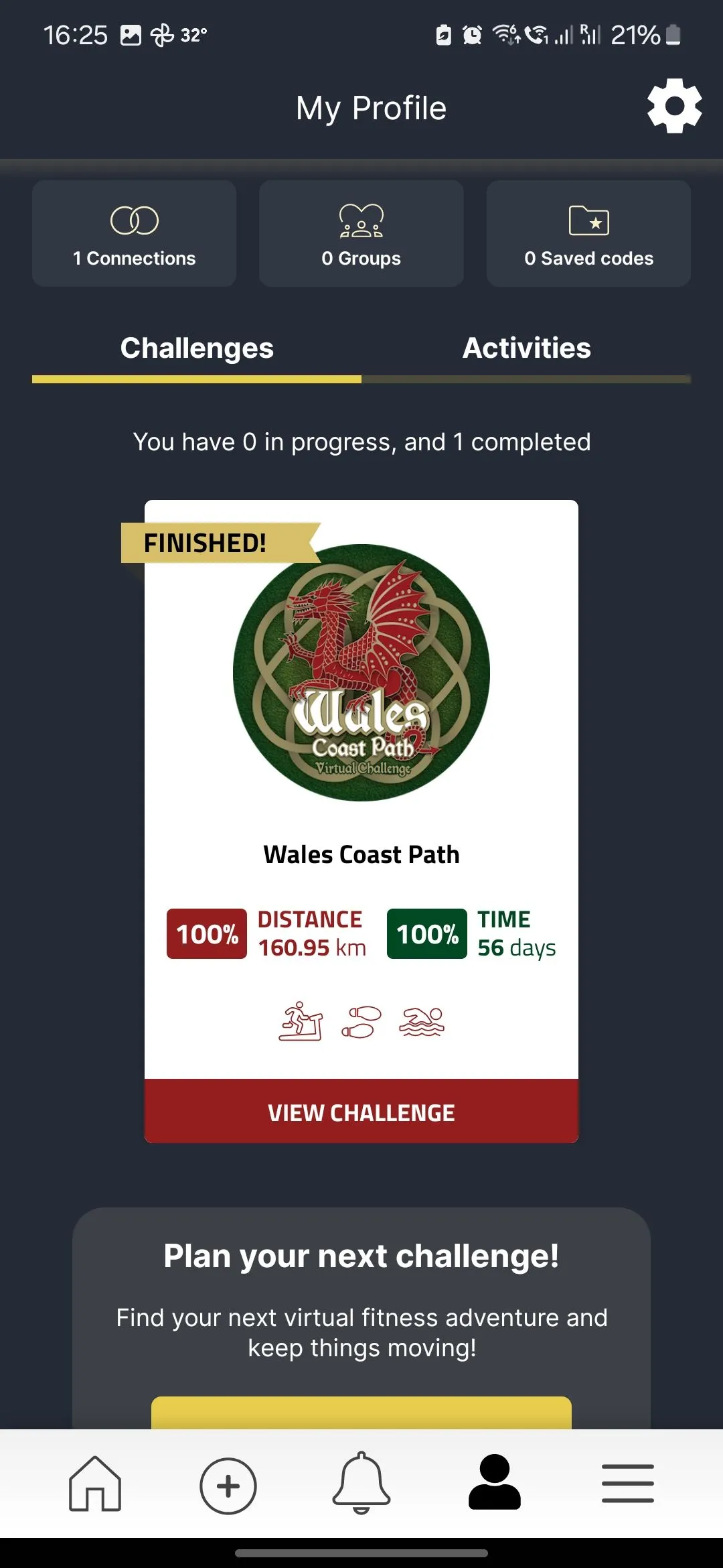 Màn hình hoàn thành thử thách trên The Conqueror App, hiển thị thông báo &quot;Challenge Completed&quot;.