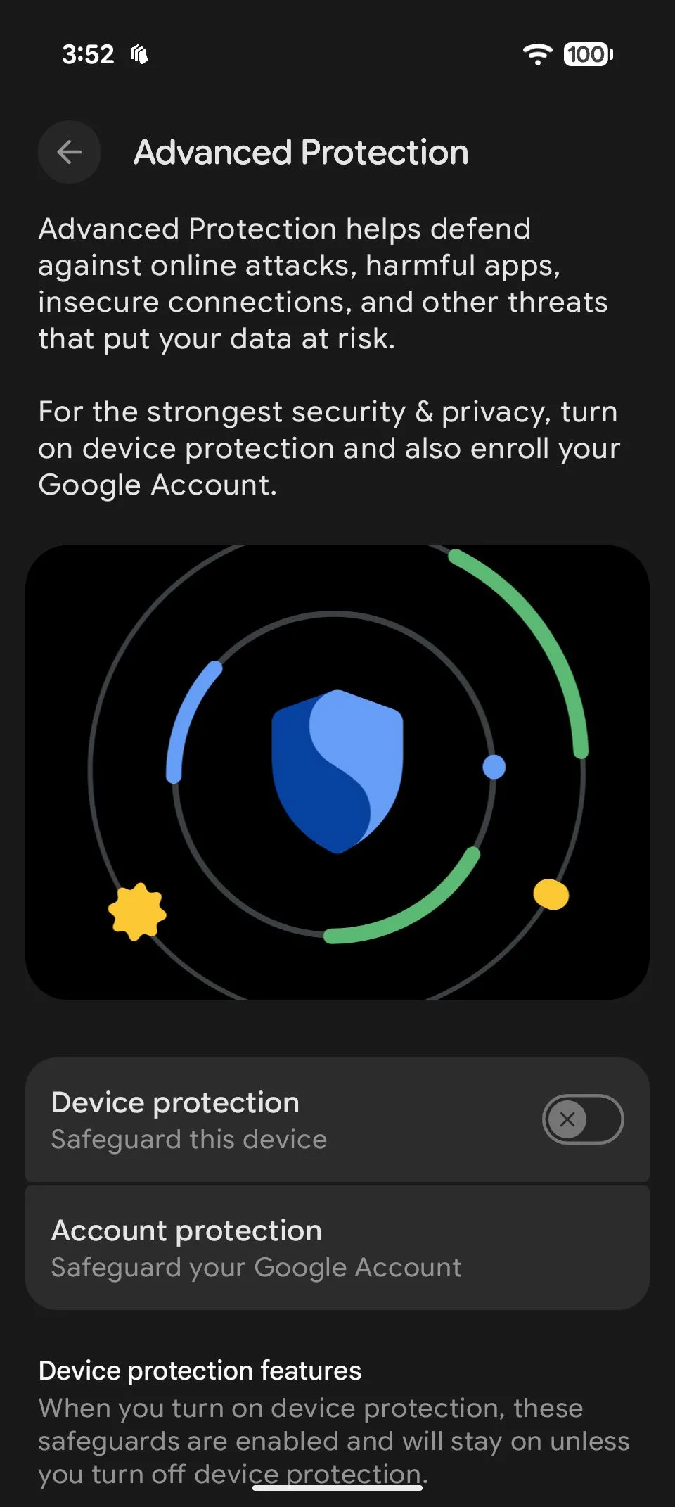 Màn hình hướng dẫn kích hoạt Advanced Protection trên thiết bị Android 16