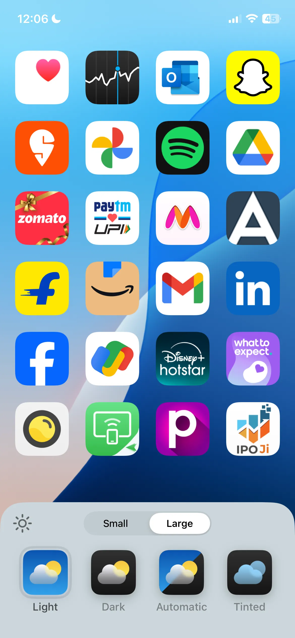 Màn hình iPhone hiển thị các biểu tượng ứng dụng lớn không có nhãn và không có huy hiệu thông báo.