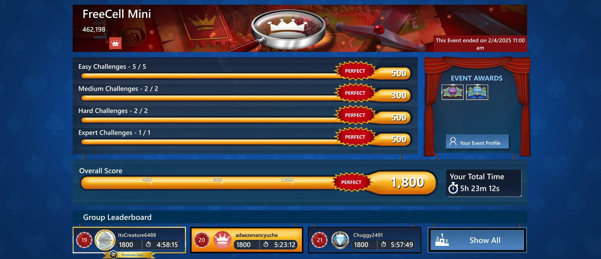 Màn hình kết quả một sự kiện hàng ngày trong Microsoft Solitaire trên PC