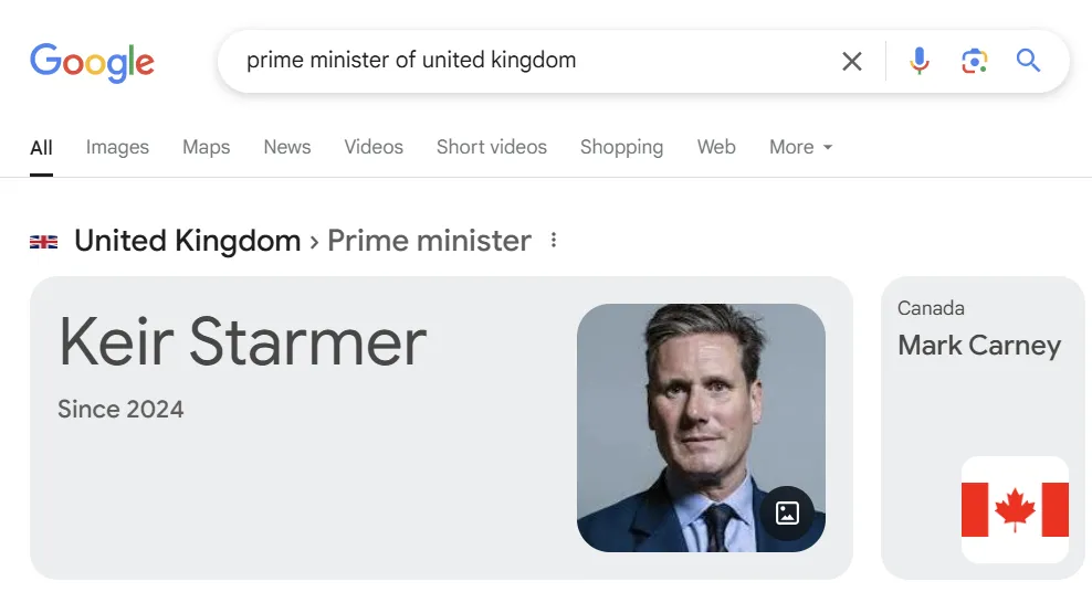 Màn hình kết quả tìm kiếm Google hiển thị Featured Snippet với thông tin về Thủ tướng Vương quốc Anh Keir Starmer