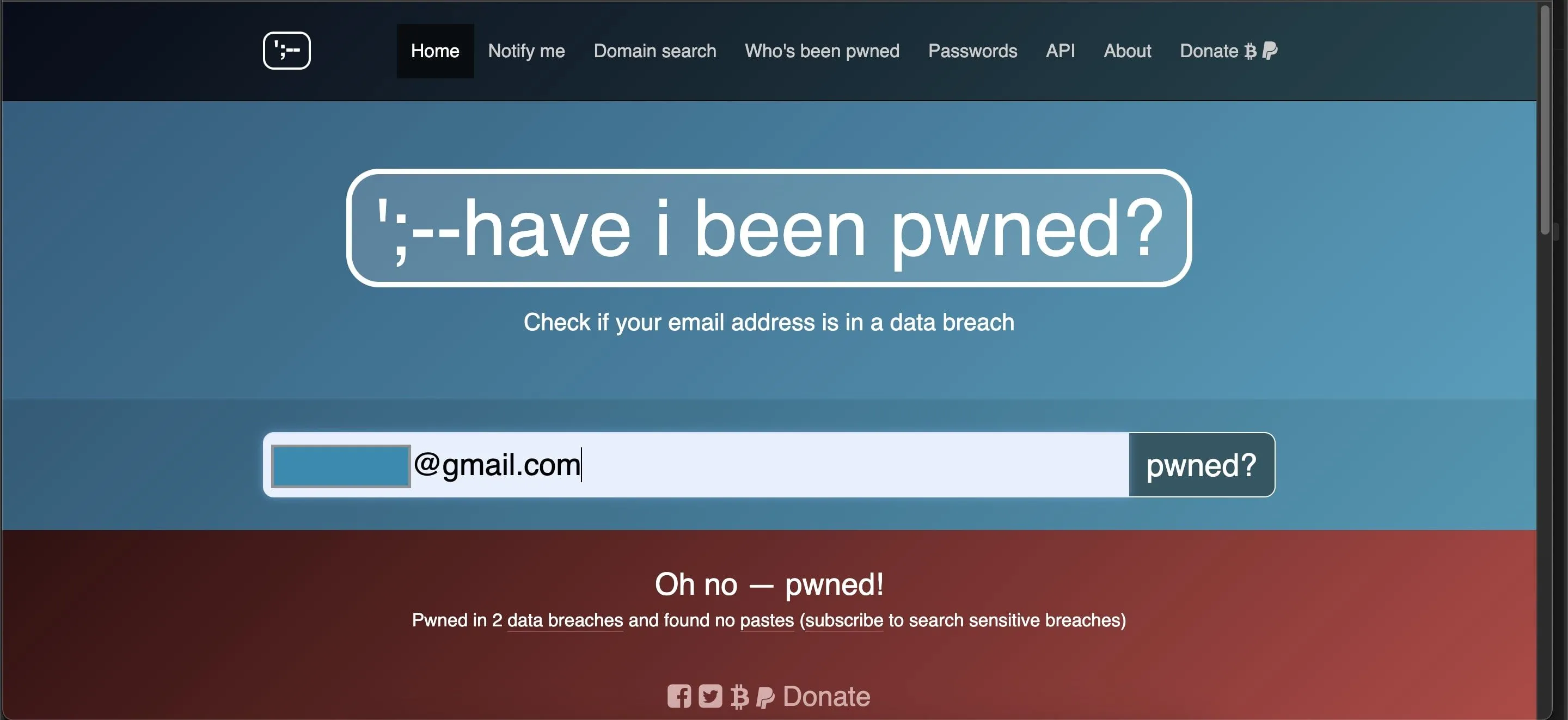Màn hình kết quả tìm kiếm trên Have I Been Pwned, cho thấy dữ liệu cá nhân bị rò rỉ và nguy cơ từ các vụ lộ dữ liệu.