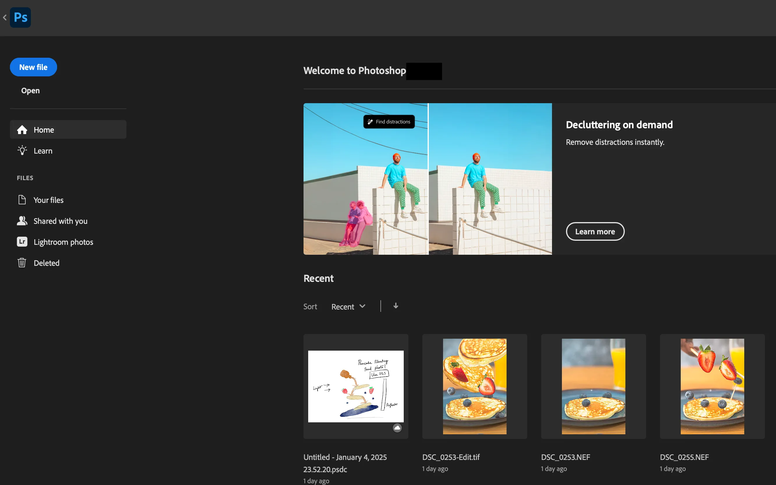 Màn hình khởi động Adobe Photoshop hiển thị các tùy chọn dự án và công cụ chỉnh sửa ảnh chuyên nghiệp