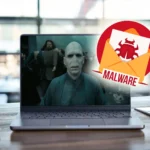 Màn hình laptop hiển thị cảnh báo mã độc Voldemort trên Dark Web, tượng trưng cho mối nguy hiểm tiềm ẩn