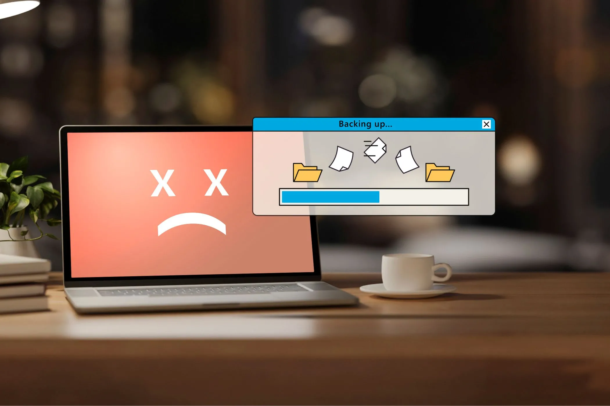 Màn hình laptop hỏng với cửa sổ sao lưu