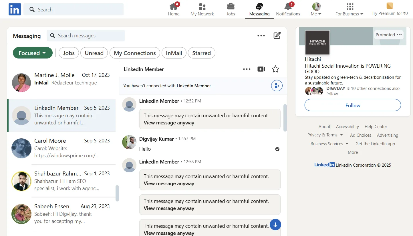 Màn hình LinkedIn thể hiện tin nhắn tuyển dụng gấp gáp, cảnh báo về chiêu trò gây áp lực khi tìm việc online.