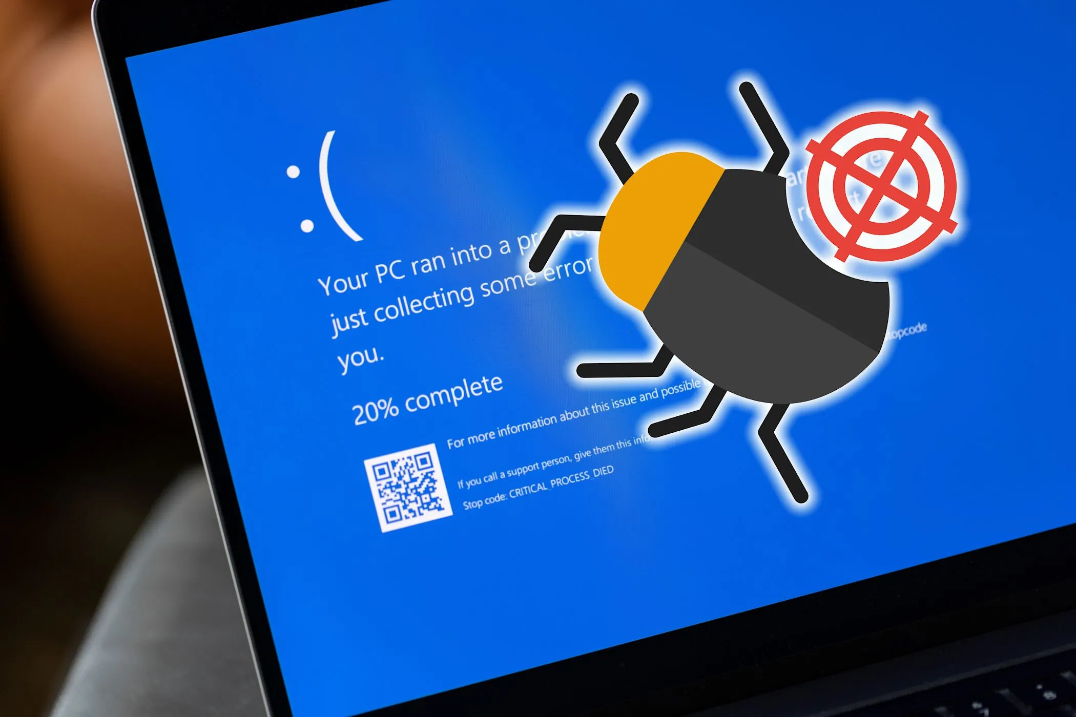 Màn hình lỗi Windows hiển thị thông báo lỗi và biểu tượng bug trên hệ điều hành.