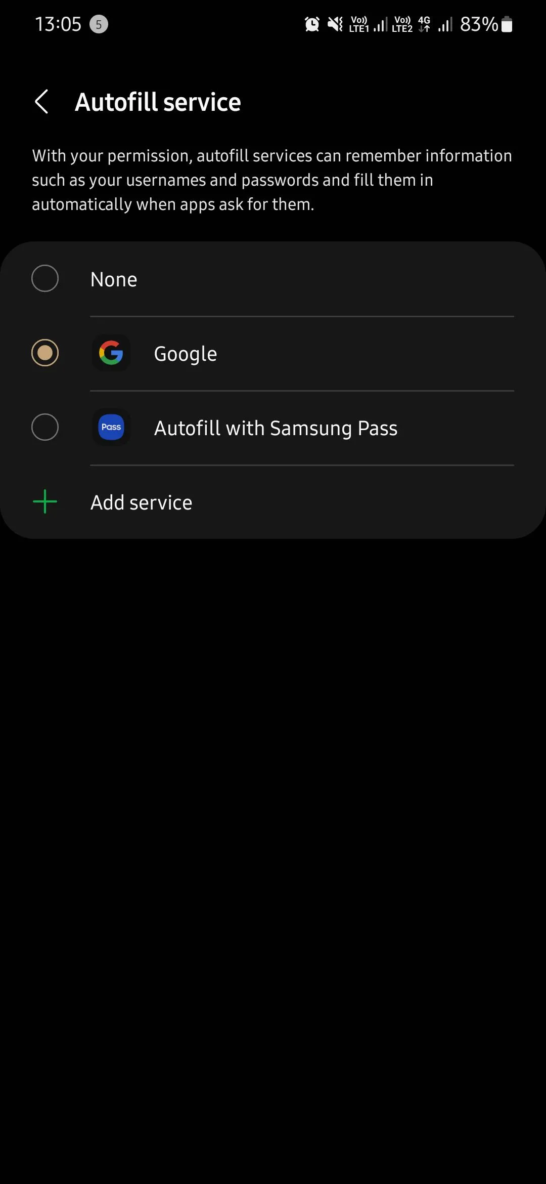 Màn hình lựa chọn dịch vụ tự động điền trên điện thoại Samsung, chọn Google