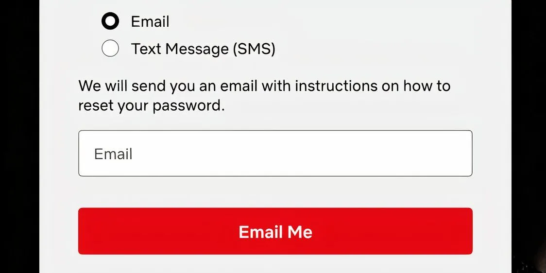 Màn hình lựa chọn gửi email đặt lại mật khẩu của Netflix