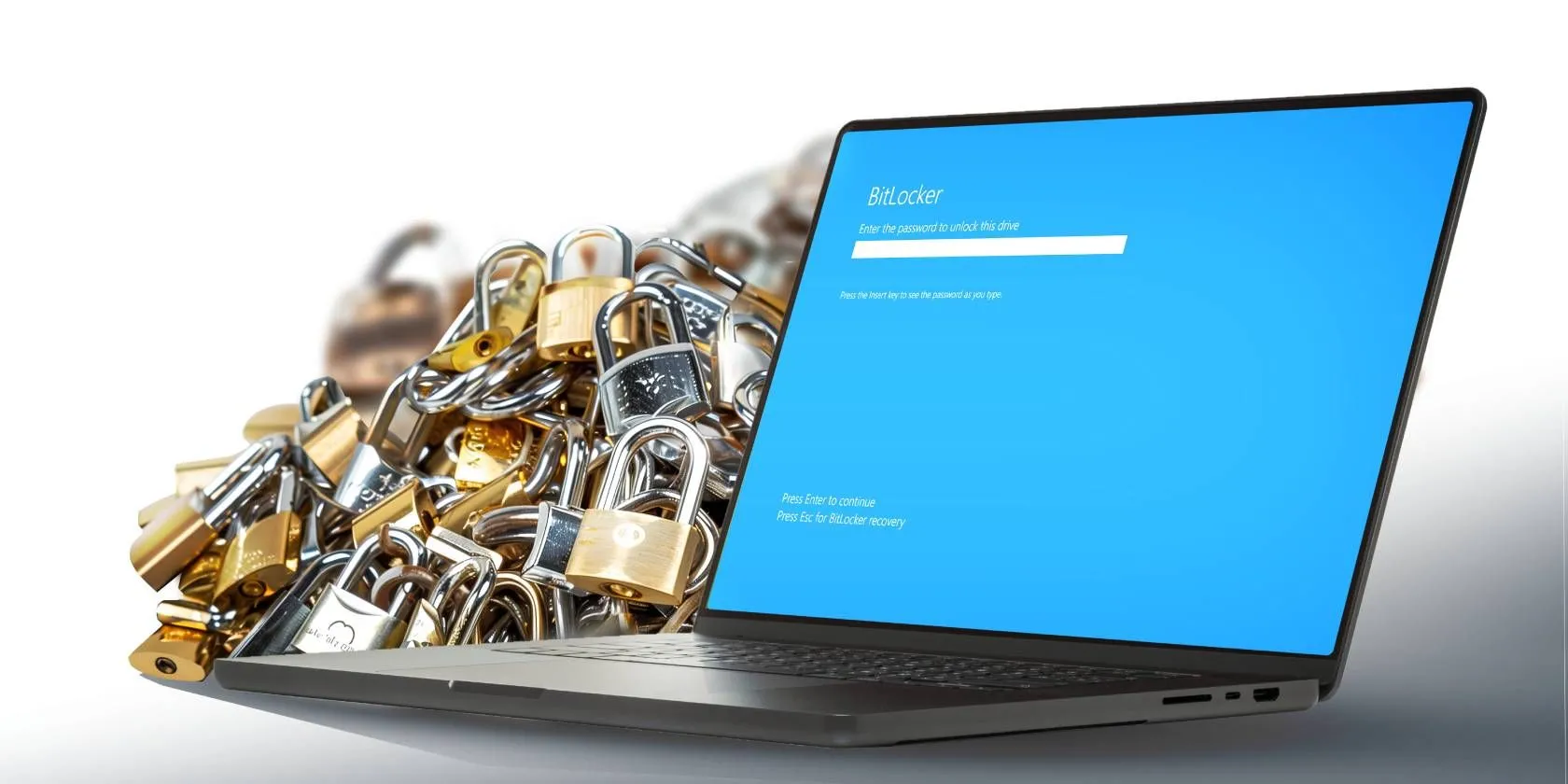 Màn hình máy tính xách tay hiển thị trường nhập mật khẩu BitLocker, tượng trưng cho tính năng bảo mật và mã hóa ổ cứng toàn diện trên Windows.