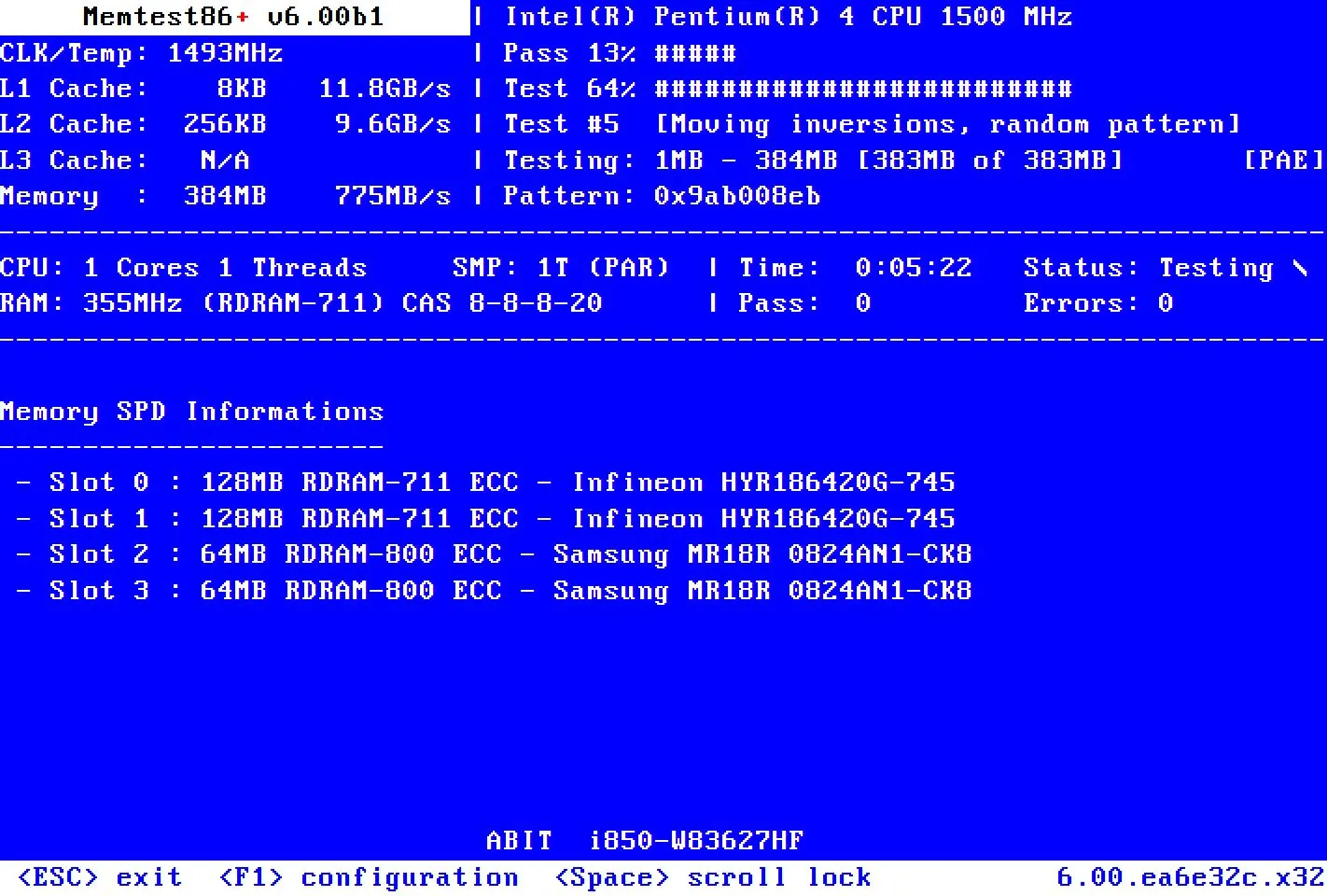 Màn hình MemTest86 hiển thị quá trình kiểm tra bộ nhớ RAM đang diễn ra