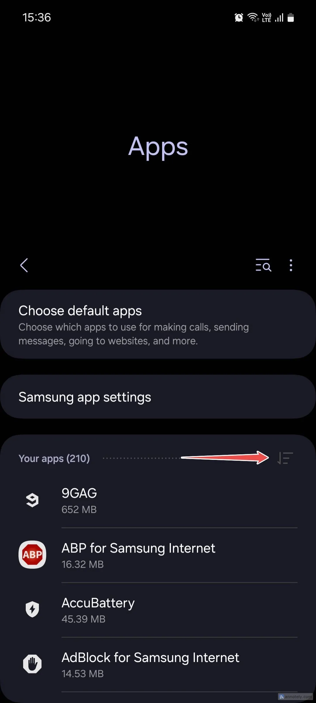 Màn hình menu Ứng dụng trên giao diện Samsung One UI hiển thị các tùy chọn lọc ứng dụng hệ thống.