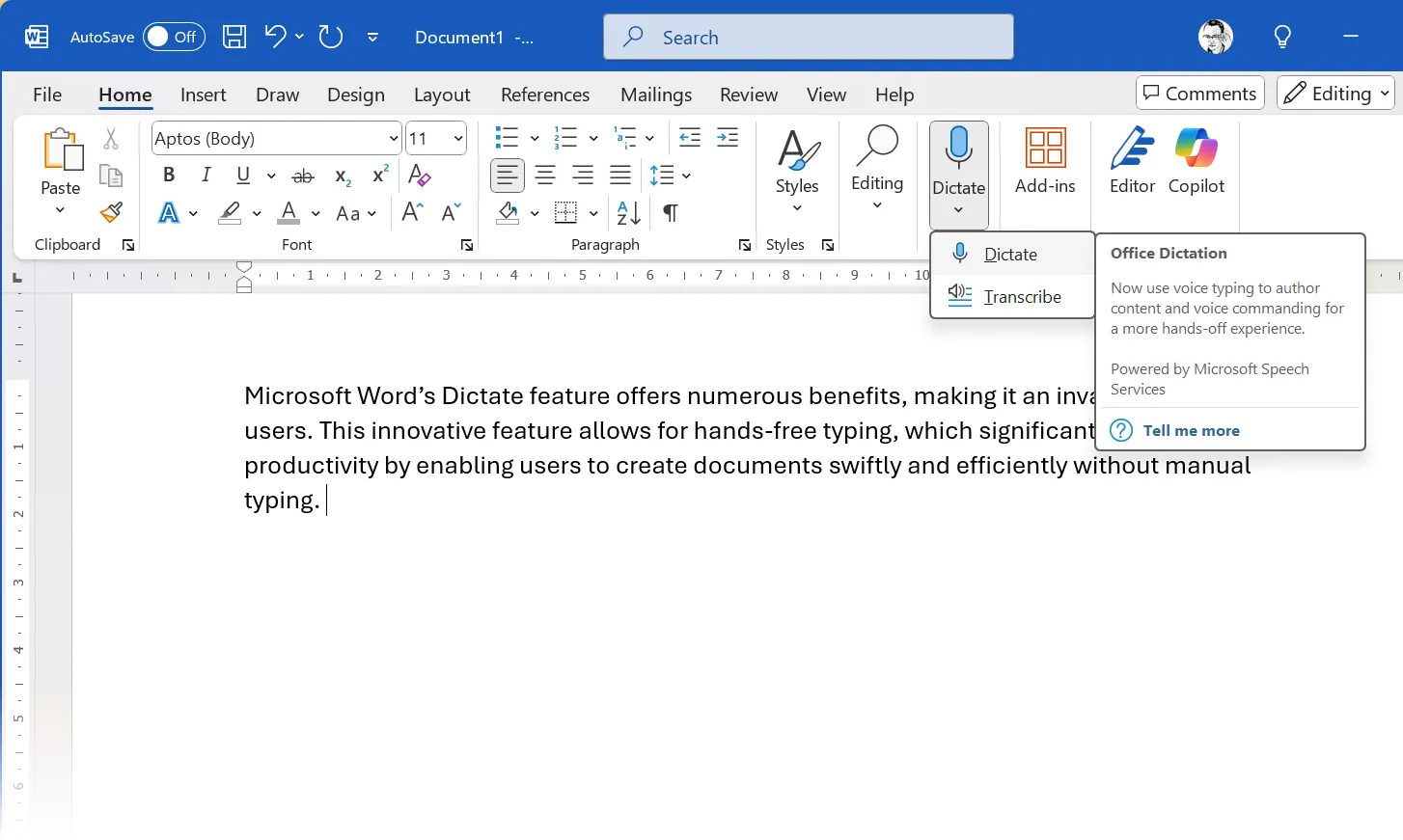 Màn hình Microsoft Word hiển thị tính năng Dictate (chuyển giọng nói thành văn bản) được kích hoạt trên thanh Ribbon, giúp người dùng gõ văn bản nhanh chóng.