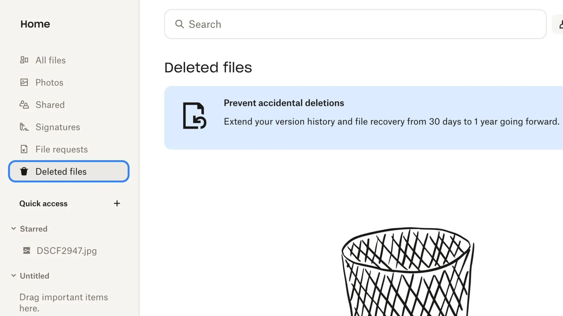 Màn hình mục tập tin đã xóa của Dropbox, hiển thị các tùy chọn khôi phục dữ liệu