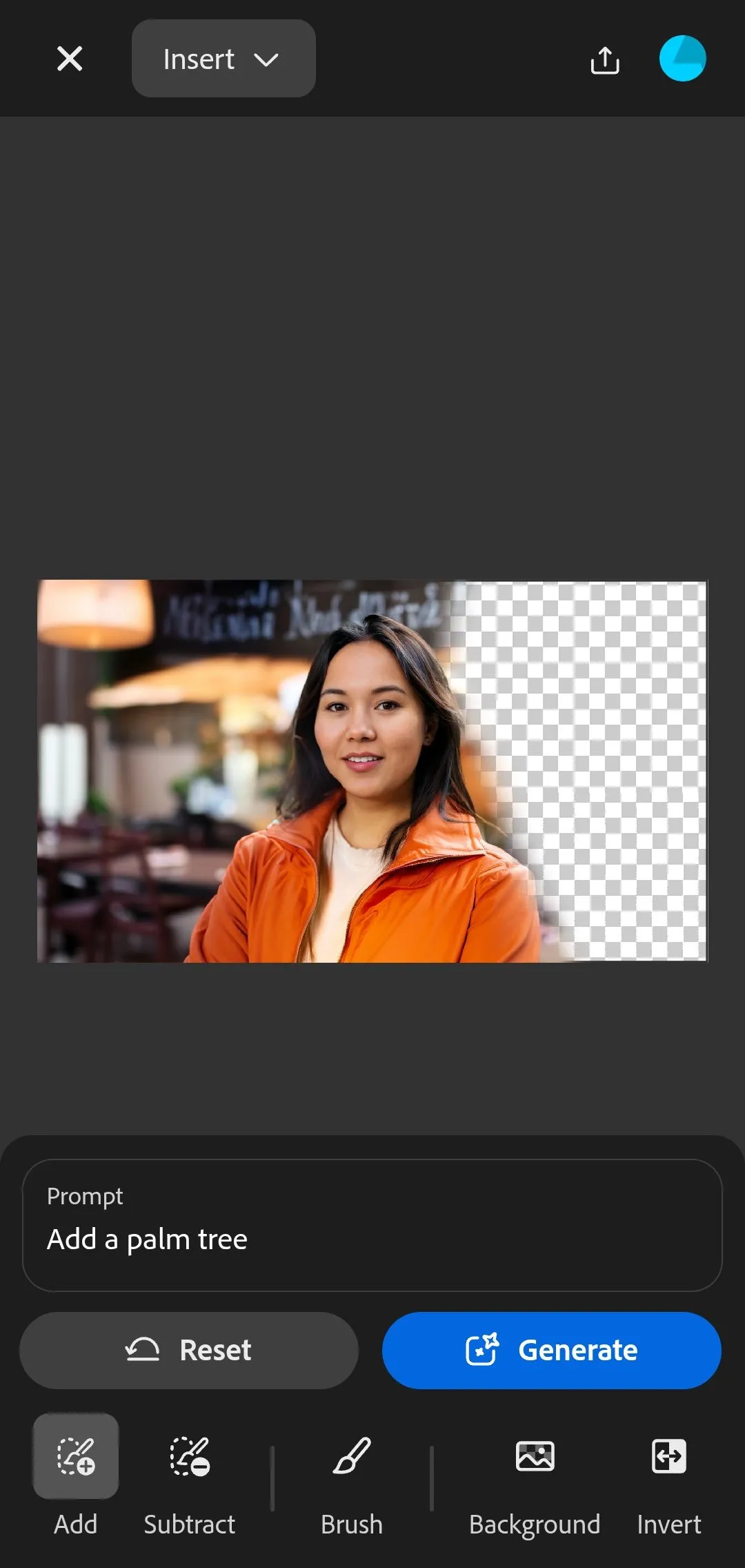 Màn hình nhập mô tả (prompt) cho Generative Fill trong ứng dụng Adobe Firefly