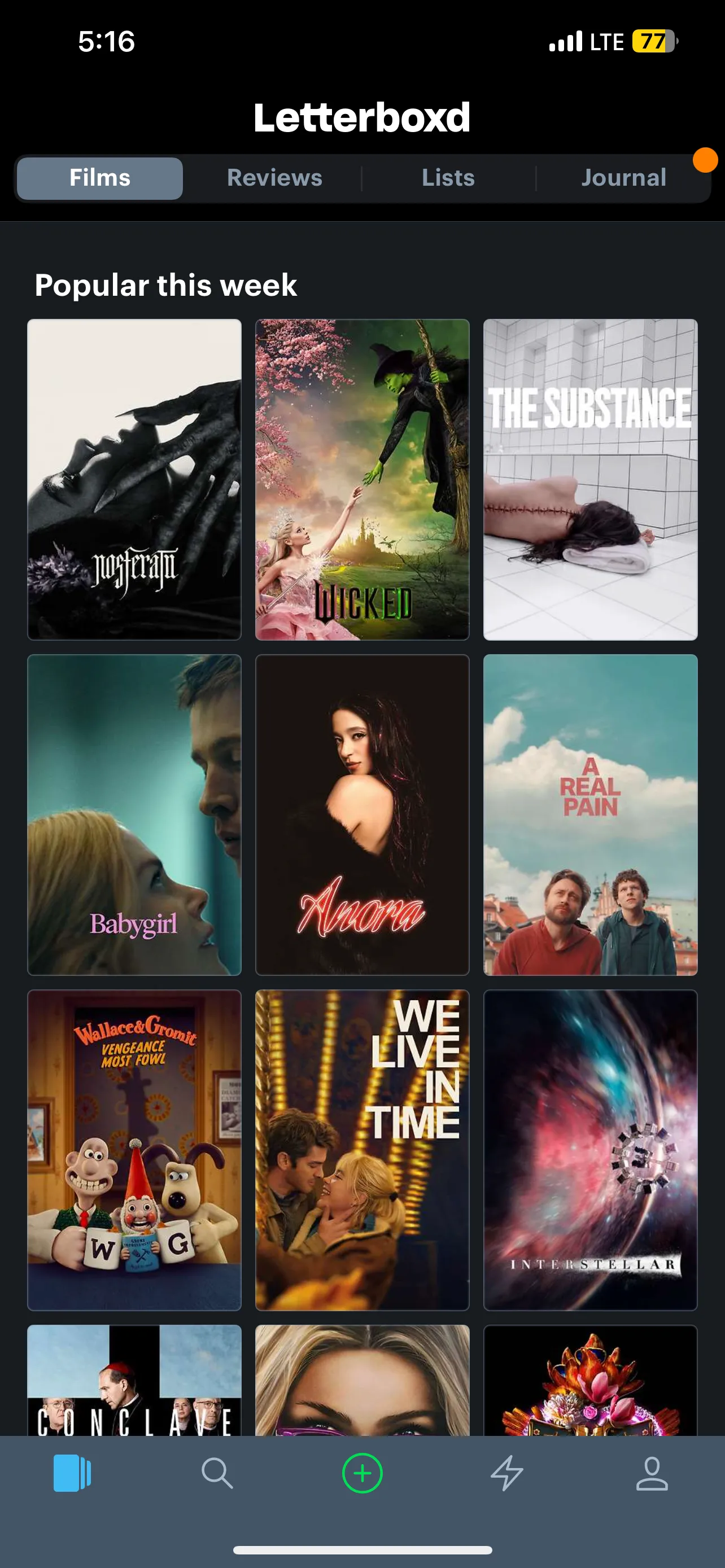 Màn hình 'Phim Phổ Biến Tuần Này' trên Letterboxd, nơi người dùng có thể nhanh chóng cập nhật các tựa phim được quan tâm nhất.
