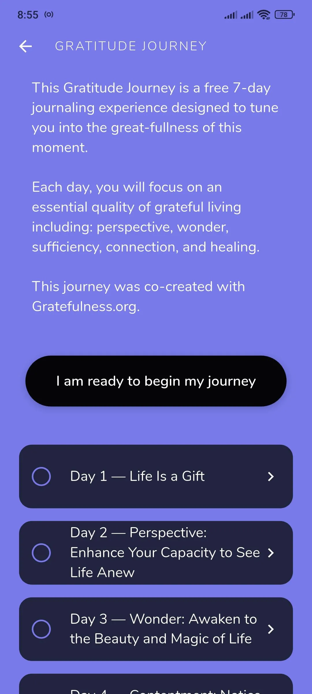 Màn hình Reflection.app hiển thị hành trình nhật ký có hướng dẫn về Lòng biết ơn.