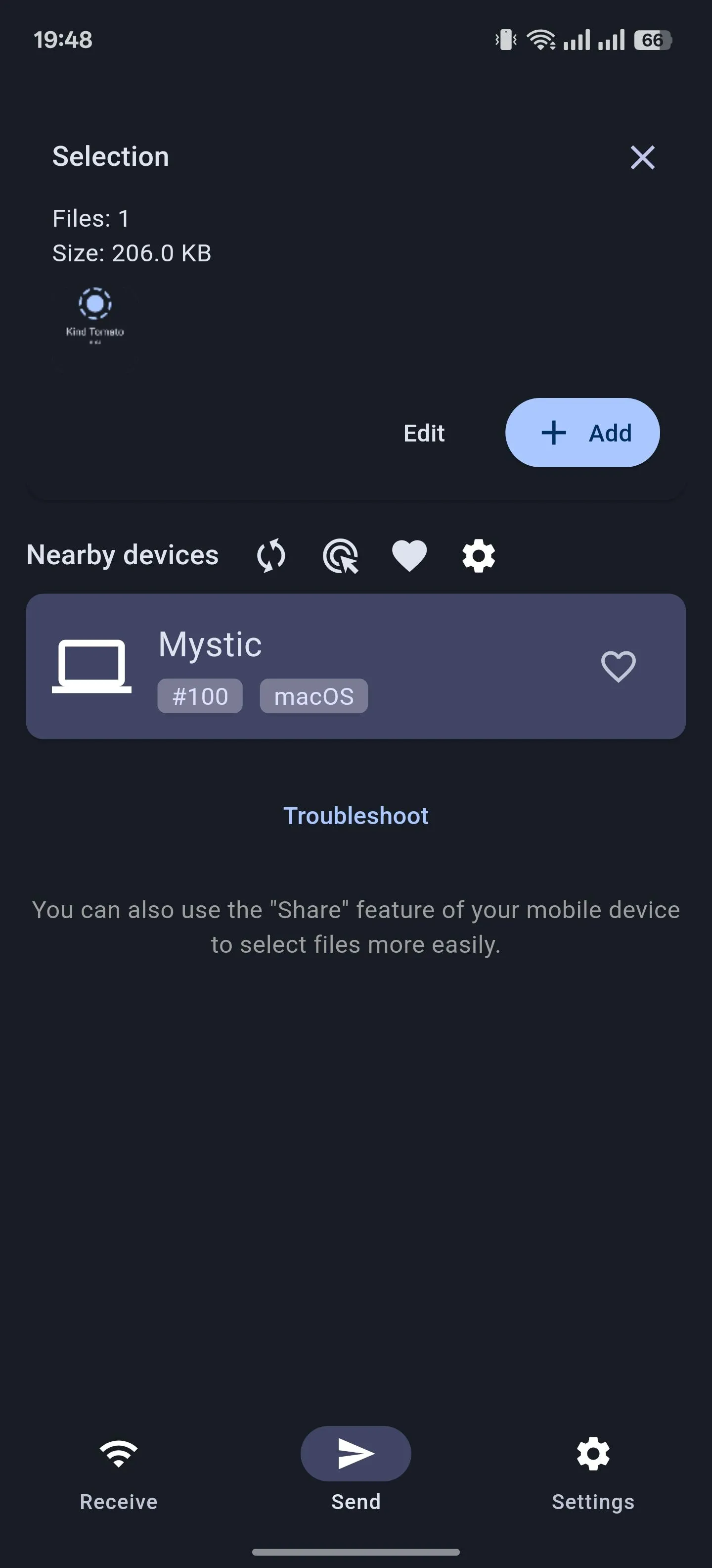 Màn hình tab Gửi file của ứng dụng LocalSend trên Android, để chuyển dữ liệu
