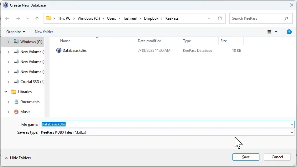 Màn hình tạo cơ sở dữ liệu mới trong KeePass, hiển thị tùy chọn lưu trữ tệp KDBX, có thể đồng bộ với Dropbox.