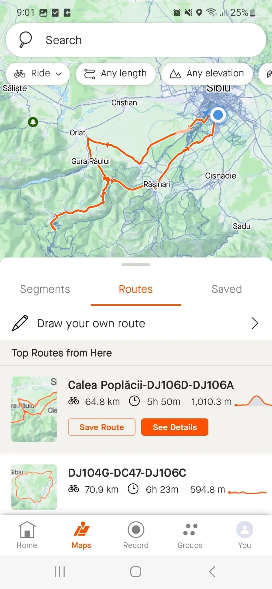 Màn hình tạo và vẽ lộ trình chạy bộ hoặc đạp xe trên ứng dụng Strava
