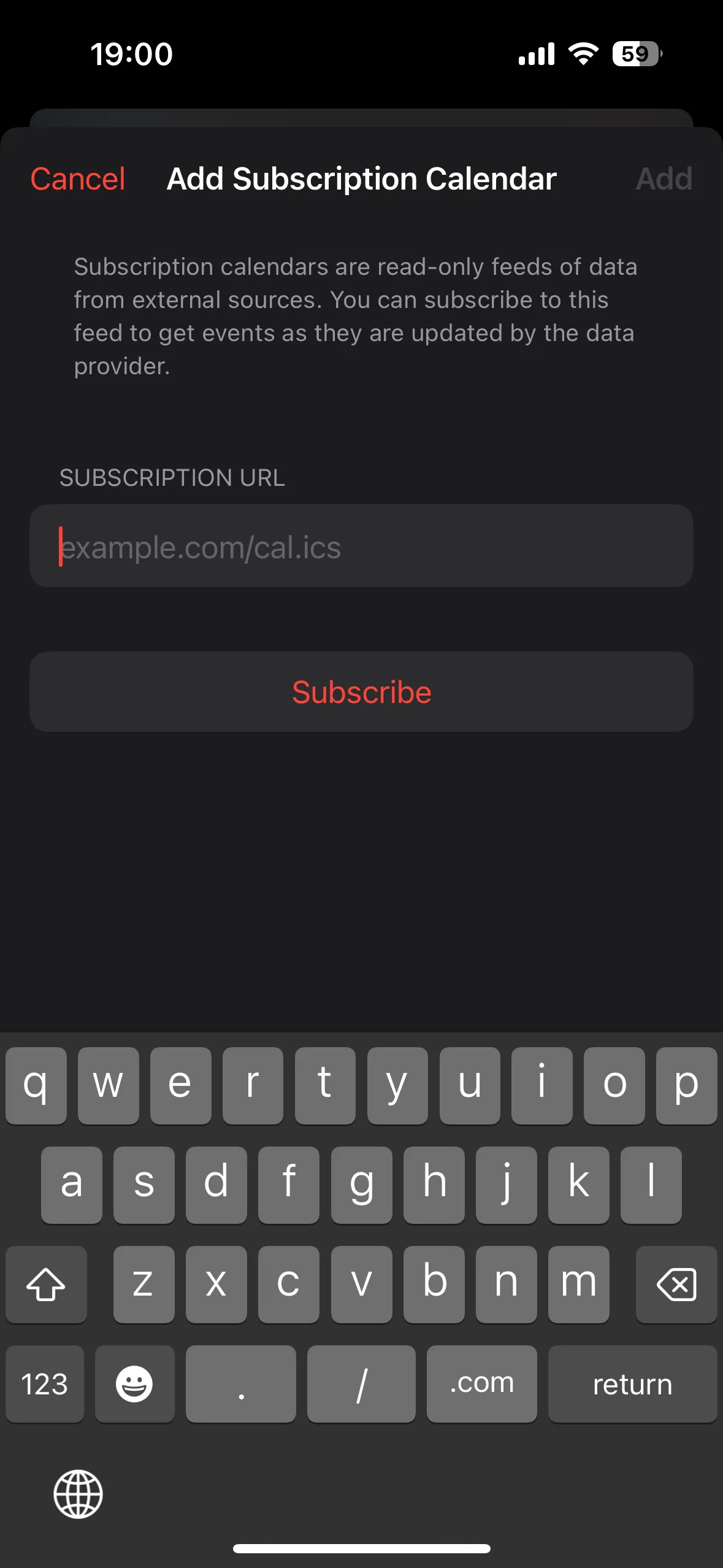 Màn hình &quot;Thêm Lịch Đăng Ký&quot; (Add Subscription Calendar) trên iPhone, nơi người dùng nhập liên kết lịch thể thao để thêm vào ứng dụng Lịch.