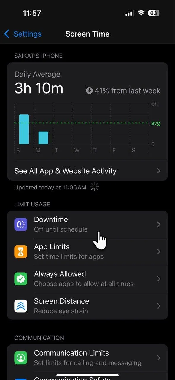 Màn hình thiết lập Downtime trong Thời gian sử dụng của iPhone
