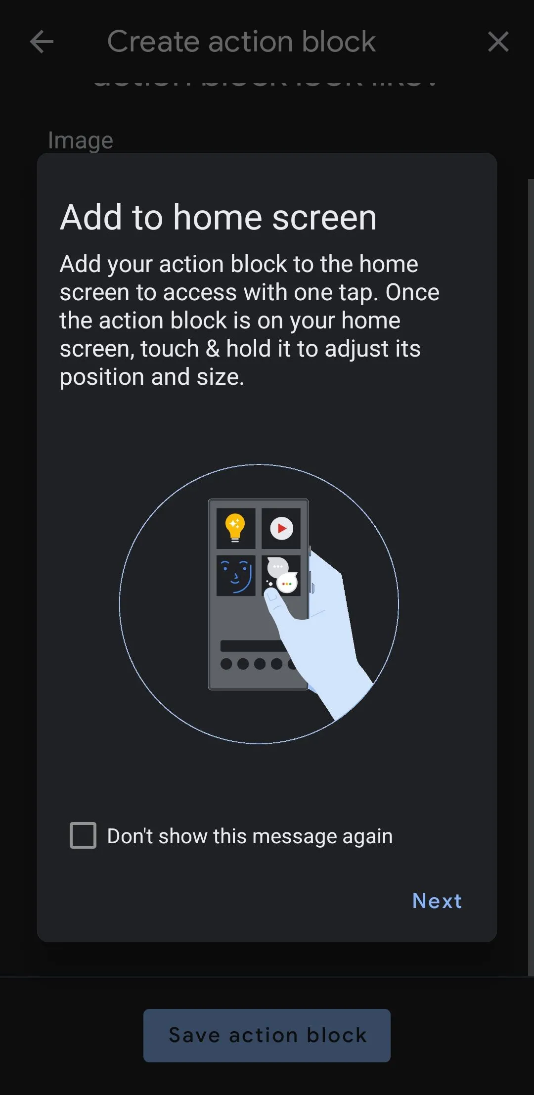Màn hình thiết lập thêm phím tắt Action Blocks ra màn hình chính Android