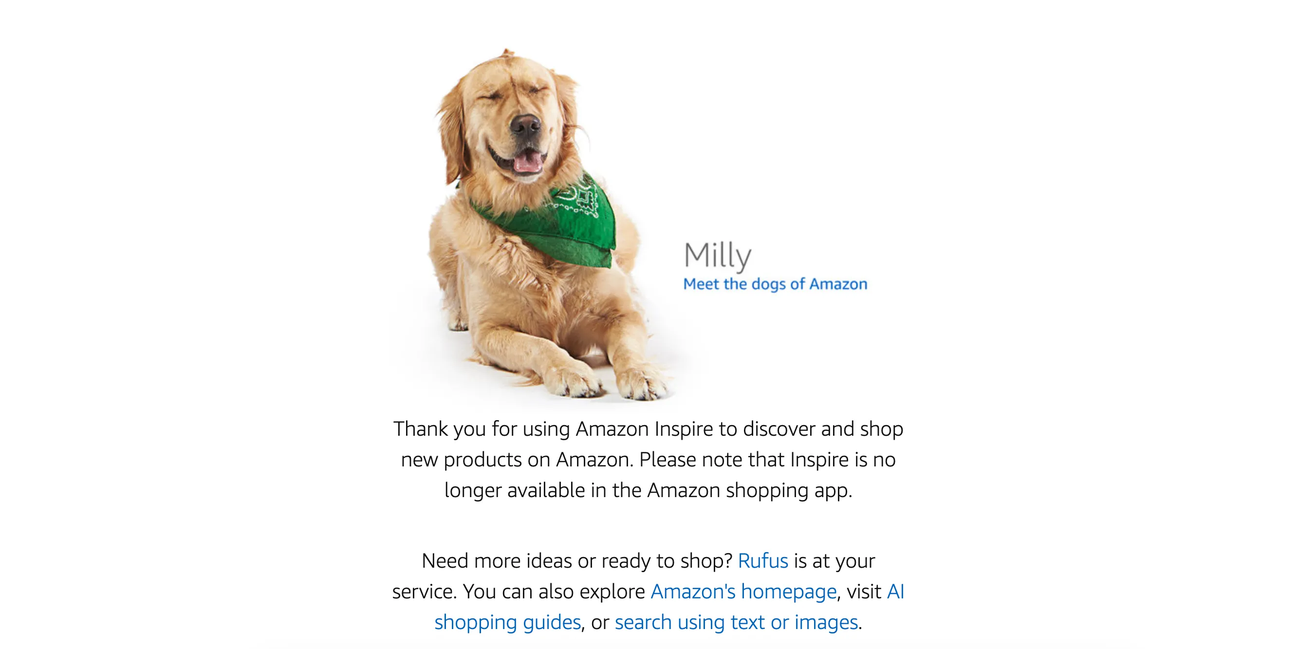 Màn hình thông báo Amazon Inspire ngừng hoạt động với hình ảnh chú chó Golden Retriever Milly
