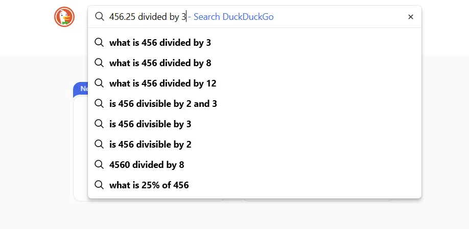 Màn hình tìm kiếm DuckDuckGo hiển thị phép chia '456.25 divided by 3' mà không cung cấp kết quả tính toán trực tiếp