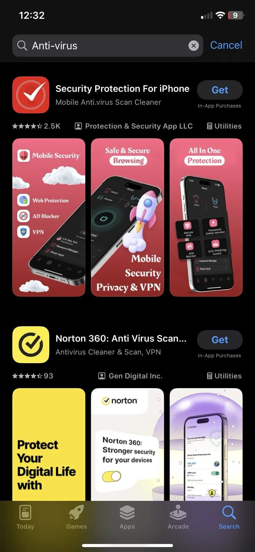 màn hình tìm kiếm ứng dụng diệt virus trên iPhone cho thấy nhiều lựa chọn không cần thiết