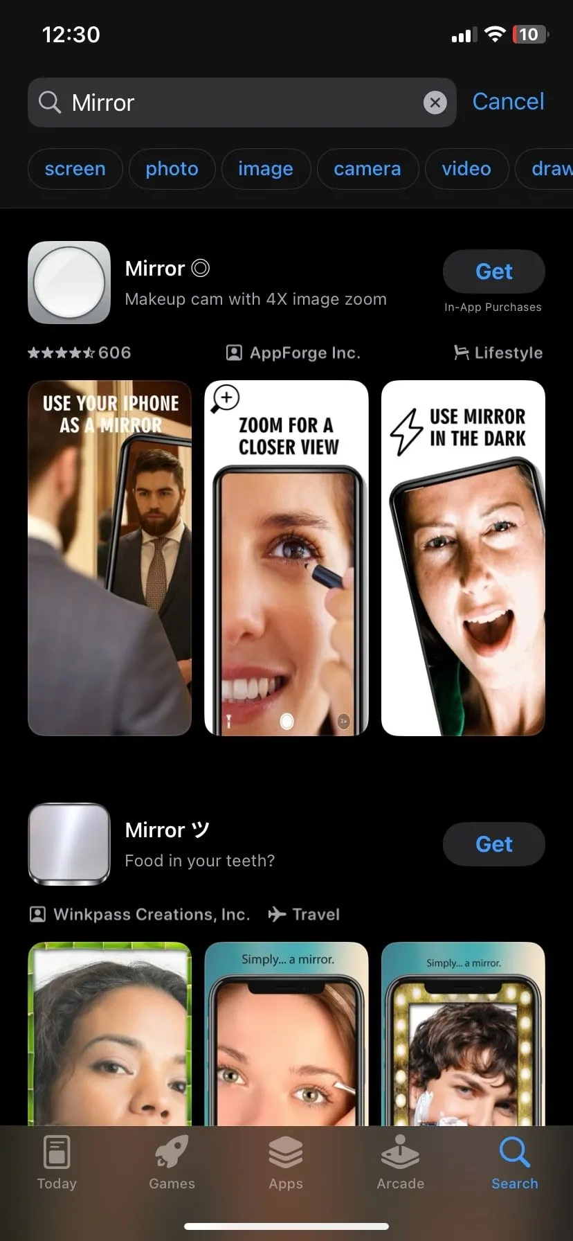 màn hình tìm kiếm ứng dụng gương trên iPhone hiển thị các tùy chọn không cần thiết